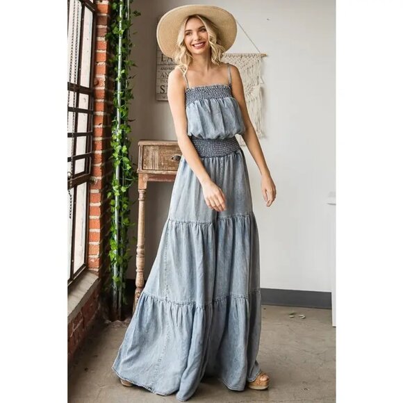 042 The Oli & Hali Washed Smocked Ruffled Wide Leg Jumpsuit Size Small - Picture 2 of 10